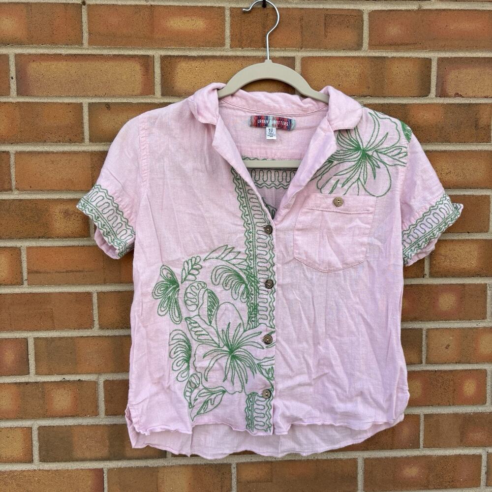 Urban Outfitters UO Hideaway Embroidered Button Down Shirt Womens XS Pink Green